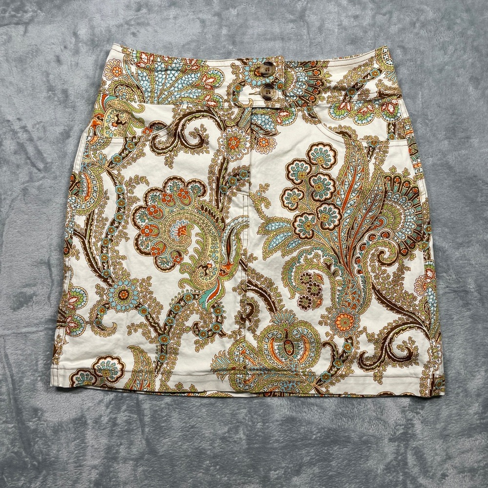 CAbi Paisley Print Mini Skirt Women Button Fly Casual Boho Beige Pockets Size 4